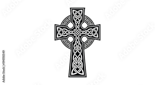 Celtic cross with intricate knotwork design symbolizing irish and scottish heritage and spirituality, Generative AI.