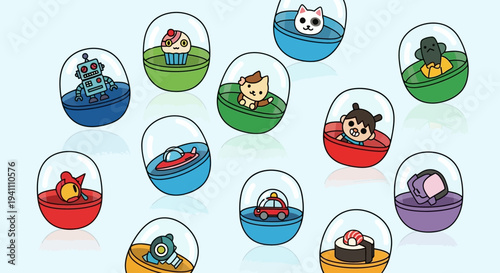 Collection of Cute Gachapon Capsule Toys: Robots, Animals, Food, Cars, and More