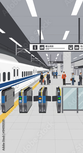 Commuters passing through ticket gates at a modern train station with a bullet train