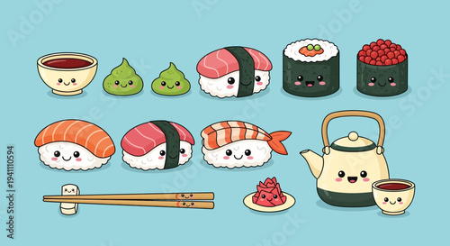 Cute Kawaii Sushi Set with Tea and Chopsticks on Blue Background