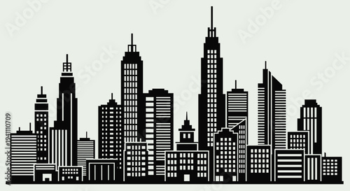 Black silhouette of a city skyline with tall buildings and skyscrapers on a light gray background, Generative AI.