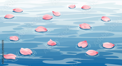 Pink Cherry Blossom Petals Floating on Rippling Blue Water Surface