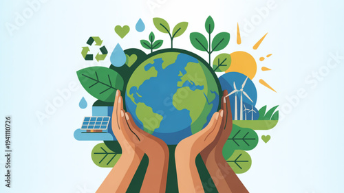 Hands cradling earth globe with green leaves solar panel wind turbine and eco friendly symbols around it