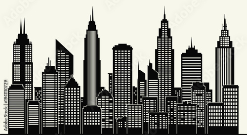 Black silhouette of a city skyline with tall skyscrapers and buildings on a beige background, Generative AI.