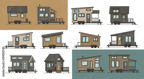 Collection of various tiny house designs and layouts on different backgrounds, Generative AI.