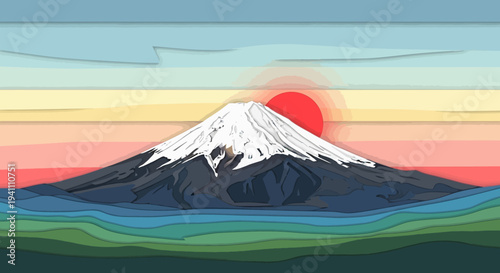 Stylized Mount Fuji Sunrise Landscape with Colorful Stripes and Water
