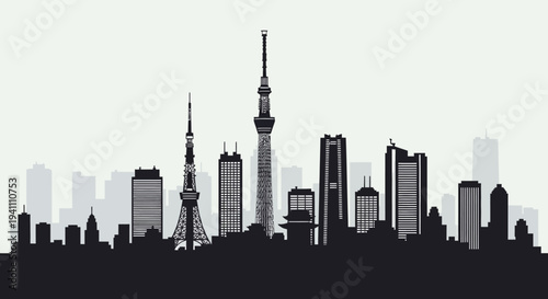 Tokyo Skyline Silhouette with Iconic Towers and Modern Buildings