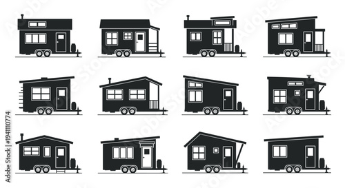 Collection of various tiny house designs in black silhouette, Generative AI.