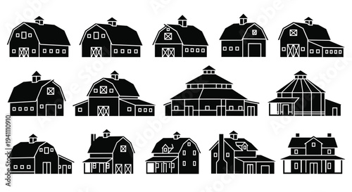Collection of various barn silhouettes in different styles and shapes, Generative AI.