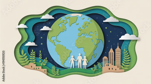 Earth surrounded by people cityscape trees and clouds at night symbolizing global unity and environmental conservation