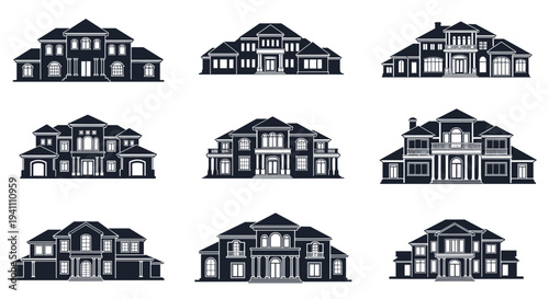 Collection of various modern house designs in black silhouette, Generative AI.