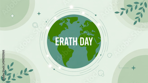 Earth day illustration with green globe and leaves on light background symbolizing environmental awareness and sustainability