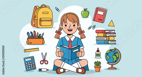 Happy schoolgirl reading book surrounded by school supplies, education concept