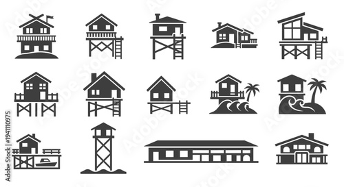 Collection of various beach hut and lifeguard tower icons in black silhouette, Generative AI.