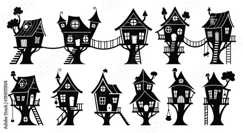 Collection of whimsical treehouses with bridges and stairs, Generative AI.