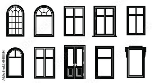 Collection of various window types and styles in black outline, Generative AI.