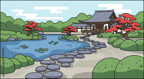 Zen Garden Landscape with Pond, Stepping Stones, and Pagoda Building