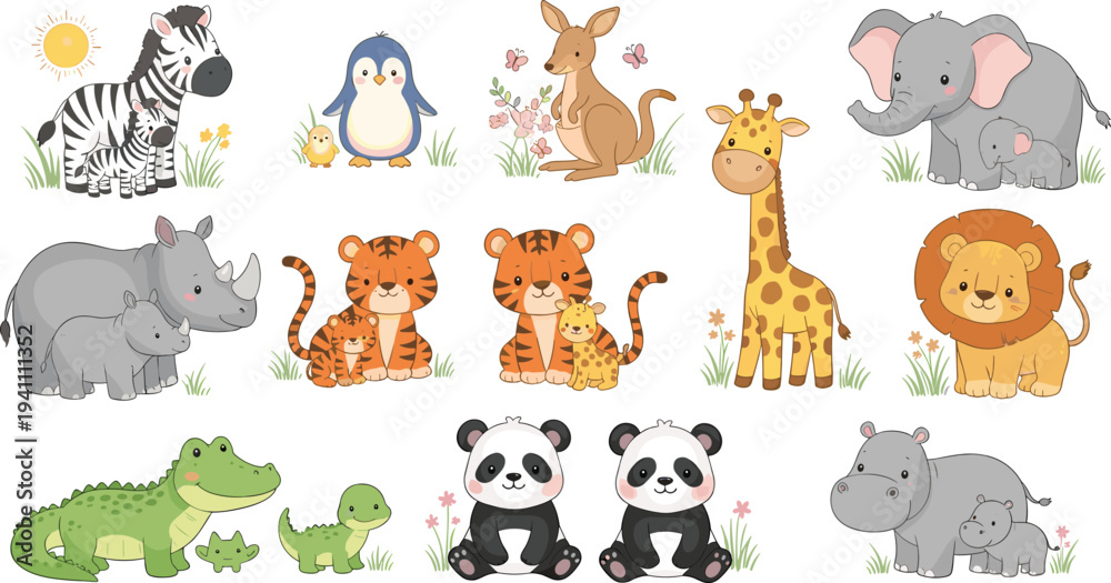 Fototapeta premium Cute Wild Safari Animals Collection Cartoon Jungle Wildlife Characters Vector Illustration Set