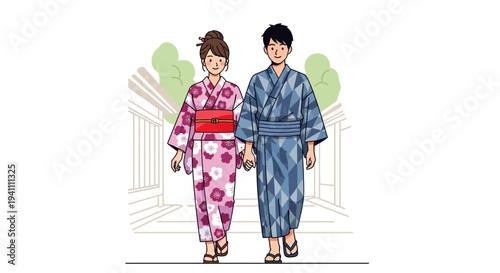 Couple in Yukata Walking Hand in Hand, Japanese Summer Festival