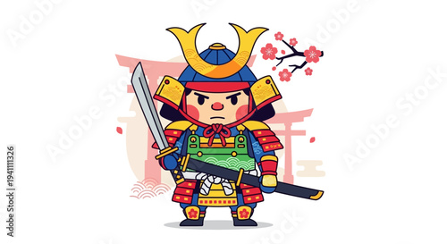 Cute Samurai Warrior with Sword and Cherry Blossoms