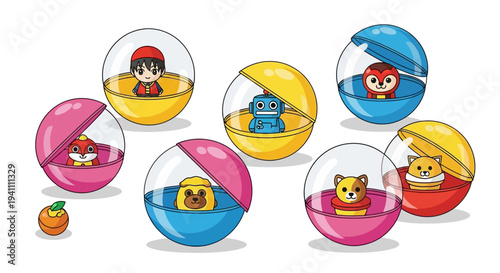 Cute Gachapon Toys: Animals, Robot, Boy in Capsules