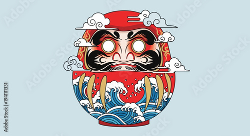 Daruma Doll with Japanese Wave and Cloud Design