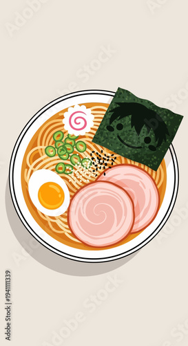 Cute Anime Ramen Bowl with Smiling Face on Nori