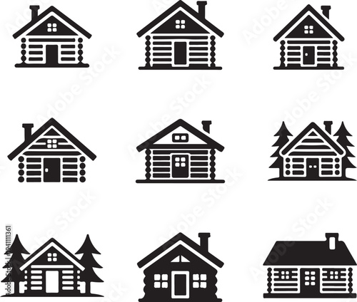 snowy cabin simple vector icon set. christmas silhouette icons on black color and white background.