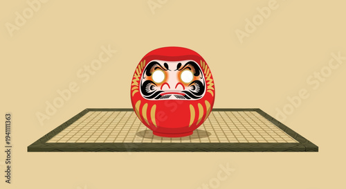 Japanese Daruma Doll on Tatami Mat - Symbol of Luck and Perseverance