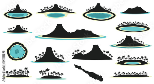 Collection of various island silhouettes with palm trees and tropical water features, Generative AI.