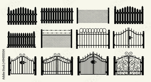 Collection of various black metal gates and fences in different styles and designs on gray background, Generative AI.