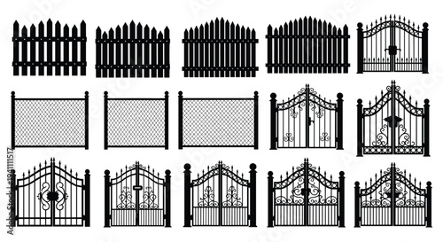 Collection of various black metal gates and fences, Generative AI.