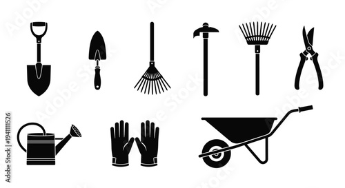 Black silhouettes of various gardening tools, Generative AI.