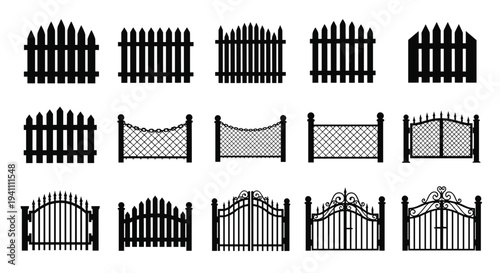 Collection of various fence and gate designs in black silhouette, Generative AI.