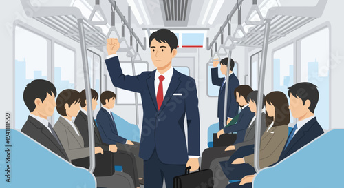 Businessman commuting on crowded train, holding briefcase, standing