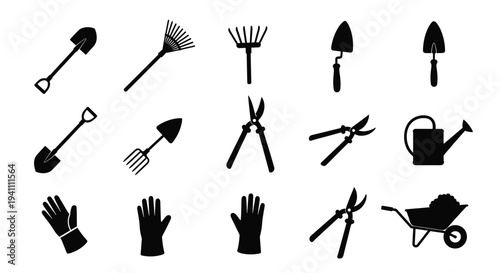 Collection of gardening tools and equipment in black silhouette, Generative AI.
