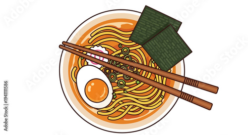 Delicious Ramen Bowl with Chopsticks, Egg, and Seaweed - Top View