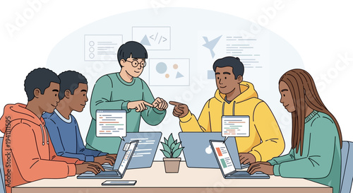 Diverse students collaborating on a coding project, learning technology and teamwork