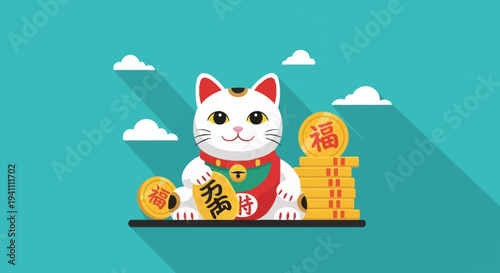 Lucky Cat Maneki Neko with Gold Coins, Japanese Culture, Fortune Symbol