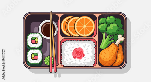 Pixel Art Bento Box Lunch with Sushi, Fried Chicken, Rice, and Oranges