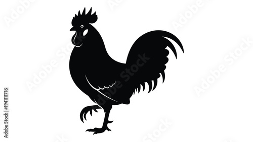 A black silhouette of a rooster standing on one leg