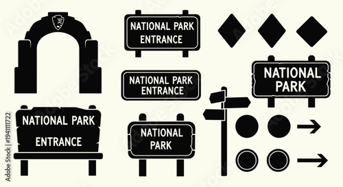 National park entrance signs and symbols in black on beige background, Generative AI.