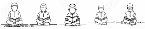 line art of a Muslim little boy sitting reading the Quran front view