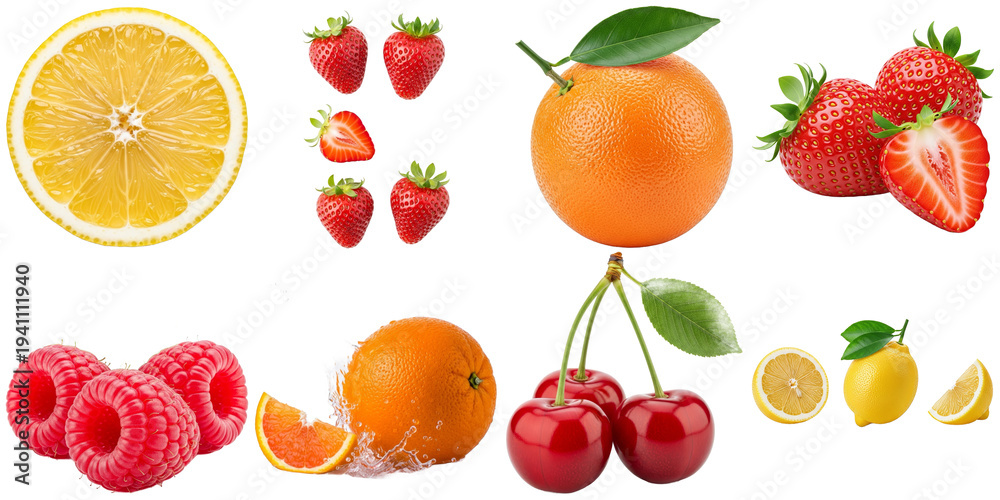 Naklejka premium Assorted fresh fruits isolated on a transparent background