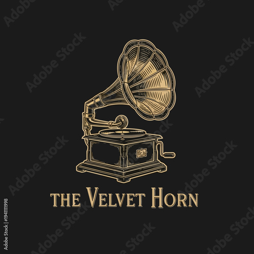 Gramophone Illustration Vintage Musical Instrument Logo Design on Black Background