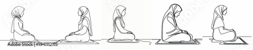 line art of a Muslim woman sitting on a prayer mat