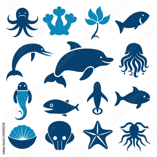 Collection of blue aquatic animal and plant icons set