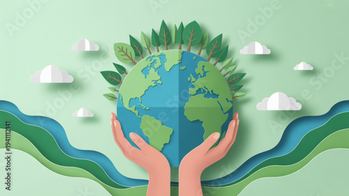 Hands cradling earth globe with green leaves and wavy river flows symbolizing eco friendly care and environmental protection
