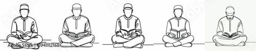 line art of a Muslim man sitting reading the Quran front view