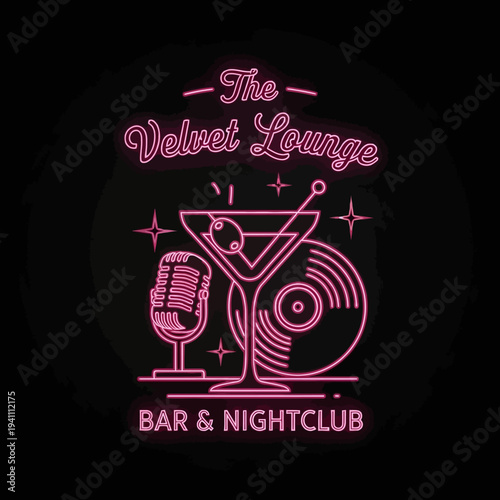 Neon Sign for Velvet Lounge Bar and Nightclub with Cocktail Music and Retro Theme